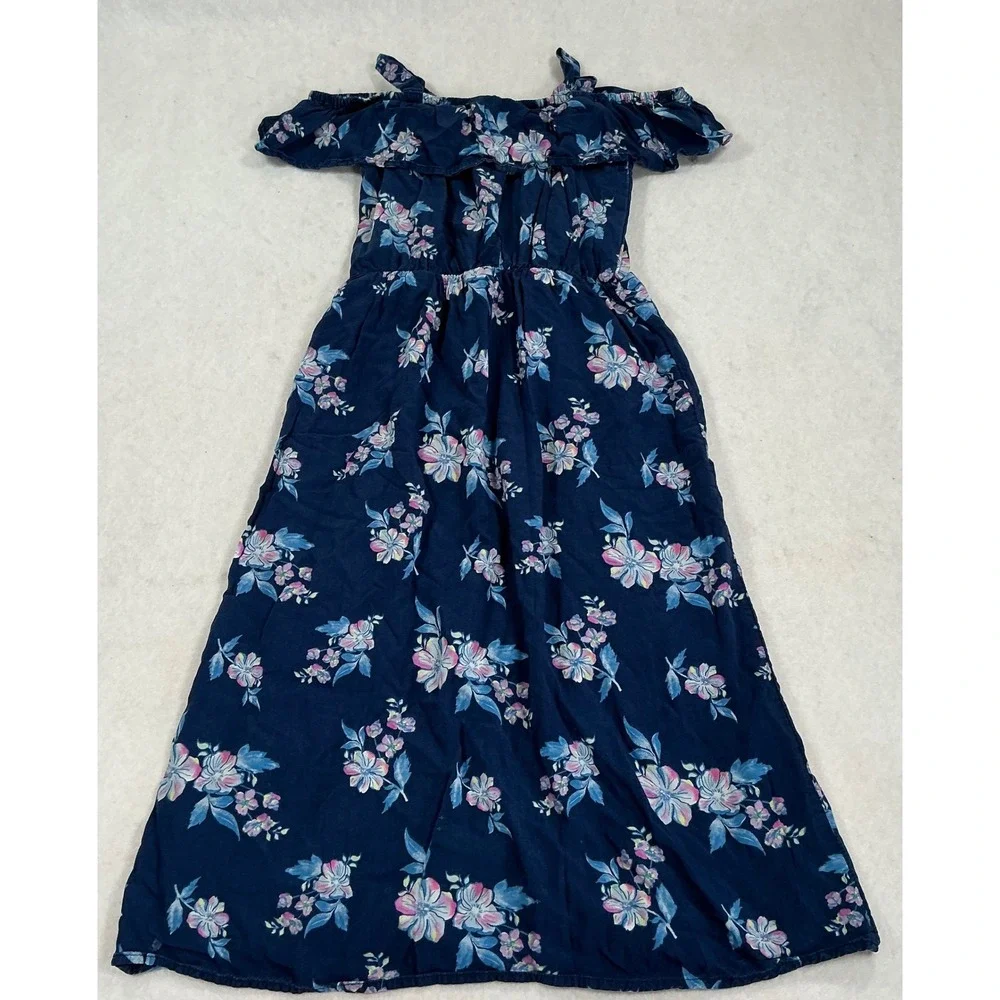 Justice Girls Navy Blue Floral Off Shoulder Maxi Dress Size S 7/8 Button Front